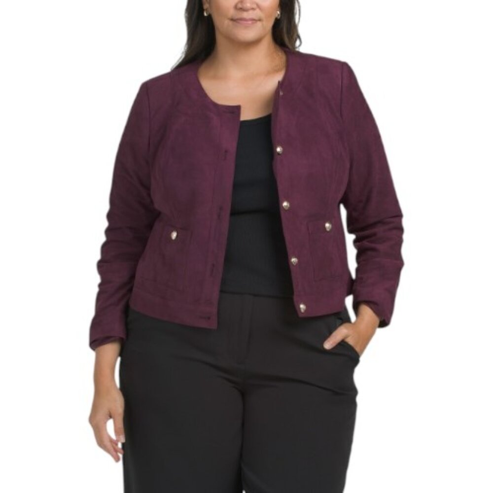 TAHARI ASL Plus Faux Suede Button Front Jacket
